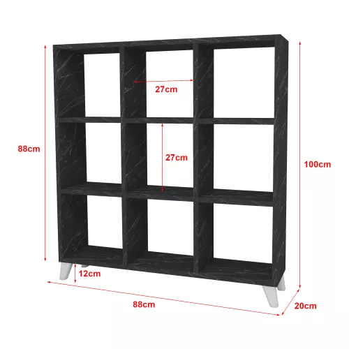 inandoutdoormatch Bookcase Nohemi - Shelf - 100x88x20cm - Marble Black and White - Chipboard - 9 Open Compartments (22504)