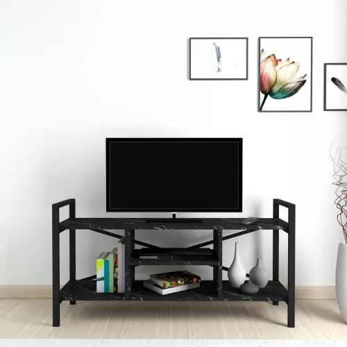 inandoutdoormatch TV Cabinet Adena - TV Unit - TV Furniture - 61x120x35 cm - Marble Black and Black - Chipboard and Metal - With Shelf (22517)