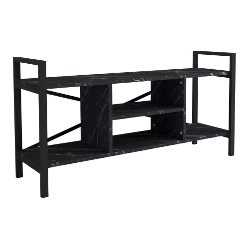 TV Cabinet Adena - TV Unit - TV Furniture - 61x120x35 cm - Marble Black and Black - Chipboard and Metal - With Shelf