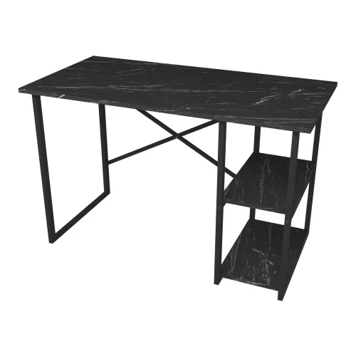 Desk Wallis - Laptop Table - 75x120x60 cm - Marble Black and Black - Chipboard and Metal - With 2 Shelves - Modern Design