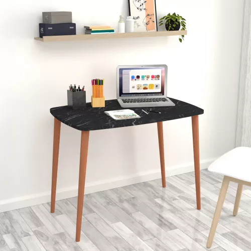 inandoutdoormatch Desk Alban - Laptop Table - 70x90x60 cm - Marble Black and Wood-colored - Chipboard and Beechwood - Stylish Design (22537)
