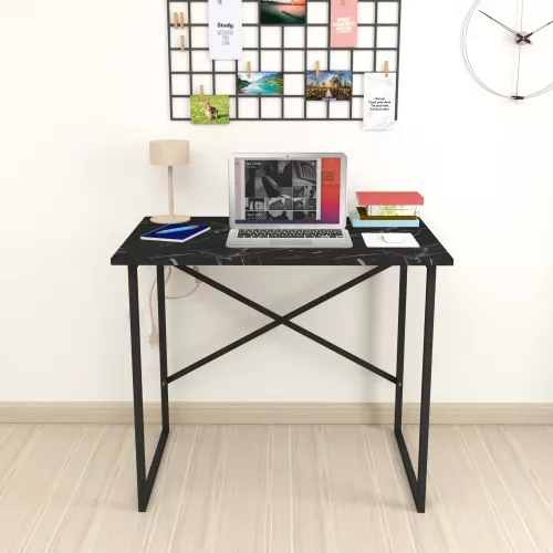 inandoutdoormatch Desk Vance - 75x90x60 cm - Marble Black - Chipboard and Metal - Stable Steel Frame - Modern Design (22541)
