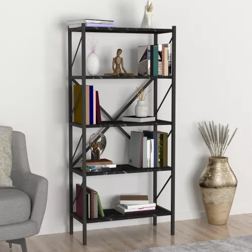 inandoutdoormatch Bookcase Shelf Carrie - 160x66x34cm - Marble Black and Anthracite - Chipboard and Metal - With Shelves - Modern Design (24078)