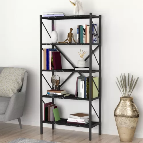 inandoutdoormatch Bookcase Shelf Carrie - 160x66x34cm - Marble Black and Anthracite - Chipboard and Metal - With Shelves - Modern Design (24078)