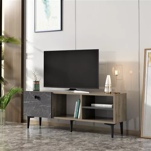inandoutdoormatch TV Furniture Maria  - TV Unit - 45x120x30 cm - Walnut-colored and Marble Black - Decorative Design - Chipboard - Plastic  (23908)
