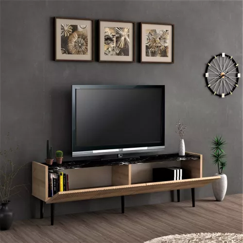 inandoutdoormatch TV Unit Arend - TV Cabinet - 45x154x37 cm - Marble Black and Oak colour - Chipboard - Plastic - Decorative Design (22768)