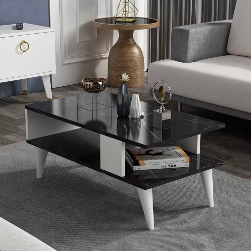 inandoutdoormatch Stylish Coffee Table Ada - 40x90x45 cm - White and Marble Black - Wood - Chipboard - Modern Design (23895)
