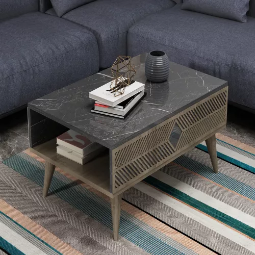 inandoutdoormatch Stylish Coffee Table Jef - 40x90x60cm - Marble Black and Walnut-colored - Modern Design - Chipboard - Metal (23879)