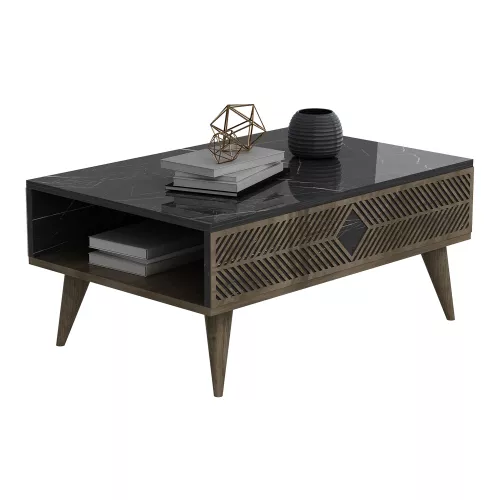 Stylish Coffee Table Jef - 40x90x60cm - Marble Black and Walnut-colored - Modern Design - Chipboard - Metal