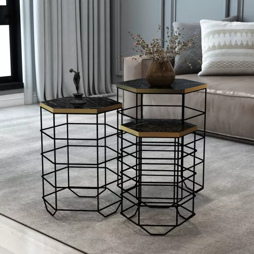 inandoutdoormatch Stylish Side Table Lark - Set of 3 - Black Marble Look and Gold-Coloured - Metal and Chipboard (23749)
