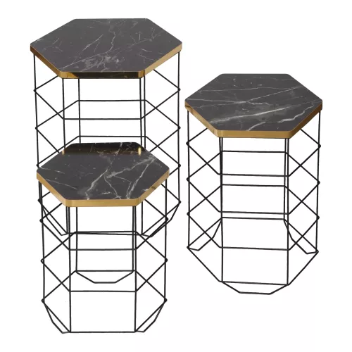 Stylish Side Table Lark - Set of 3 - Black Marble Look and Gold-Coloured - Metal and Chipboard