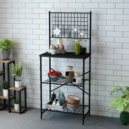 inandoutdoormatch Kitchen Cabinet Nora - Storage Cabinet - 150x60x42 cm - Black and Marble Look - Stylish and Practical - Metal - Chipboard (23738)