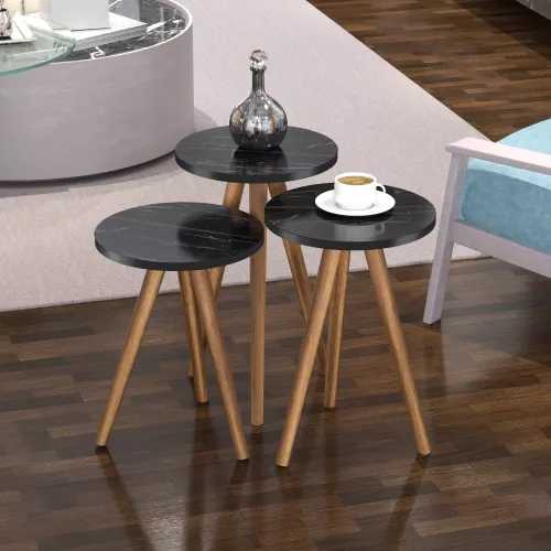 inandoutdoormatch Side Table Annie - Round Cut - Set of 3 - Marble Black and Wood-Colored - Versatile Table Set - Chipboard and Wood (23823)