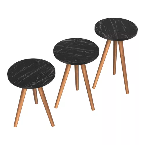 Side Table Annie - Round Cut - Set of 3 - Marble Black and Wood-Colored - Versatile Table Set - Chipboard and Wood