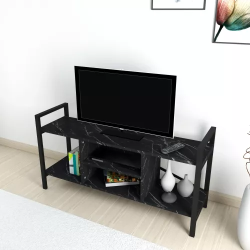 In And OutdoorMatch In And OutdoorMatch TV Cabinet Veno - TV Unit - TV Furniture - 61x120x35 cm - Marble Black and Black - Chipboard and Metal - With Shelf (69846)