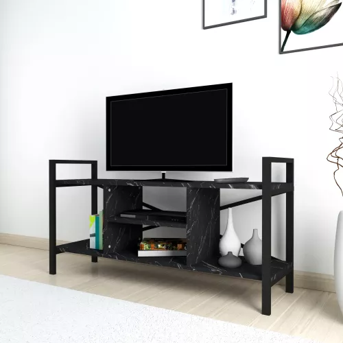 In And OutdoorMatch In And OutdoorMatch TV Cabinet Veno - TV Unit - TV Furniture - 61x120x35 cm - Marble Black and Black - Chipboard and Metal - With Shelf (69846)