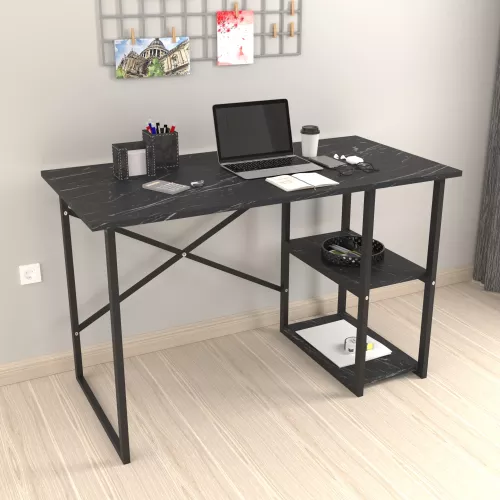 In And OutdoorMatch In And OutdoorMatch Desk Menno - Laptop Table - 75x120x60 cm - Marble Black and Black - Chipboard and Metal - With 2 Shelves - Modern Design (69854)