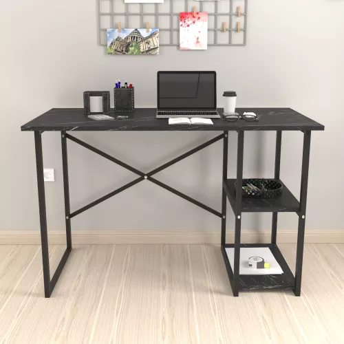 In And OutdoorMatch In And OutdoorMatch Desk Menno - Laptop Table - 75x120x60 cm - Marble Black and Black - Chipboard and Metal - With 2 Shelves - Modern Design (69854)