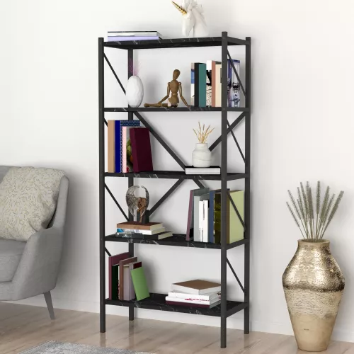 In And OutdoorMatch In And OutdoorMatch Bookcase Shelf Leonard - 160x66x34cm - Marble Black and Anthracite - Chipboard and Metal - With Shelves - Modern Design (69868)