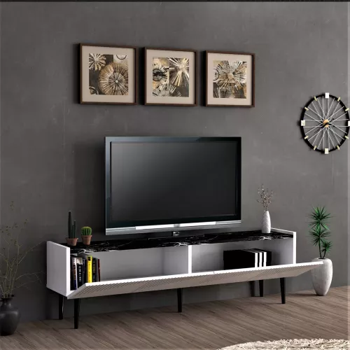 In And OutdoorMatch In And OutdoorMatch TV Unit Etienne - TV Cabinet - 45x154x37 cm - White and Marble Black colour - Chipboard - Plastic - Decorative Design (69991)