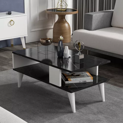 In And OutdoorMatch In And OutdoorMatch Stylish Coffee Table Apsei - 40x90x45 cm - White and Marble Black - Wood - Chipboard - Modern Design (69999)