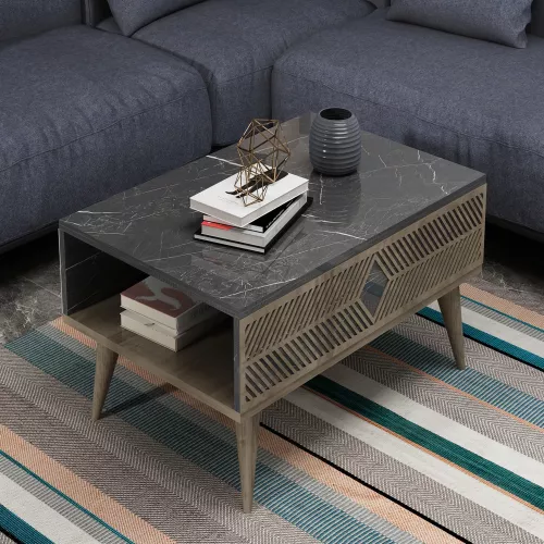 In And OutdoorMatch In And OutdoorMatch Stylish Coffee Table Bezos - 40x90x60cm - Marble Black and Walnut-colored - Modern Design - Chipboard - Metal (70006)