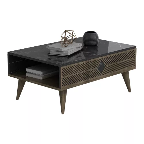 In And OutdoorMatch Stylish Coffee Table Bezos - 40x90x60cm - Marble Black and Walnut-colored - Modern Design - Chipboard - Metal