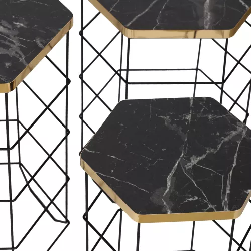 In And OutdoorMatch In And OutdoorMatch Stylish Side Table Larkos - Set of 3 - Black Marble Look and Gold-Coloured - Metal and Chipboard (70107)