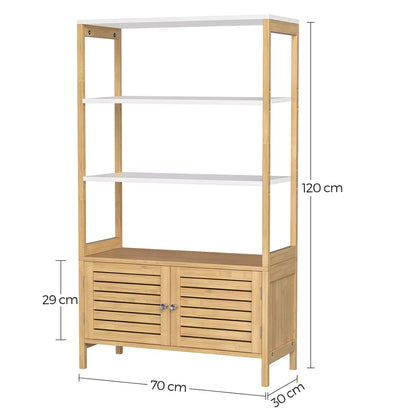 In And OutdoorMatch Badkamerkast Declan - Opbergkast - met 3 Open Compartimenten - 2 Deuren - Bamboe - 70x30x120cm - Wit/Beige Badkamerkast