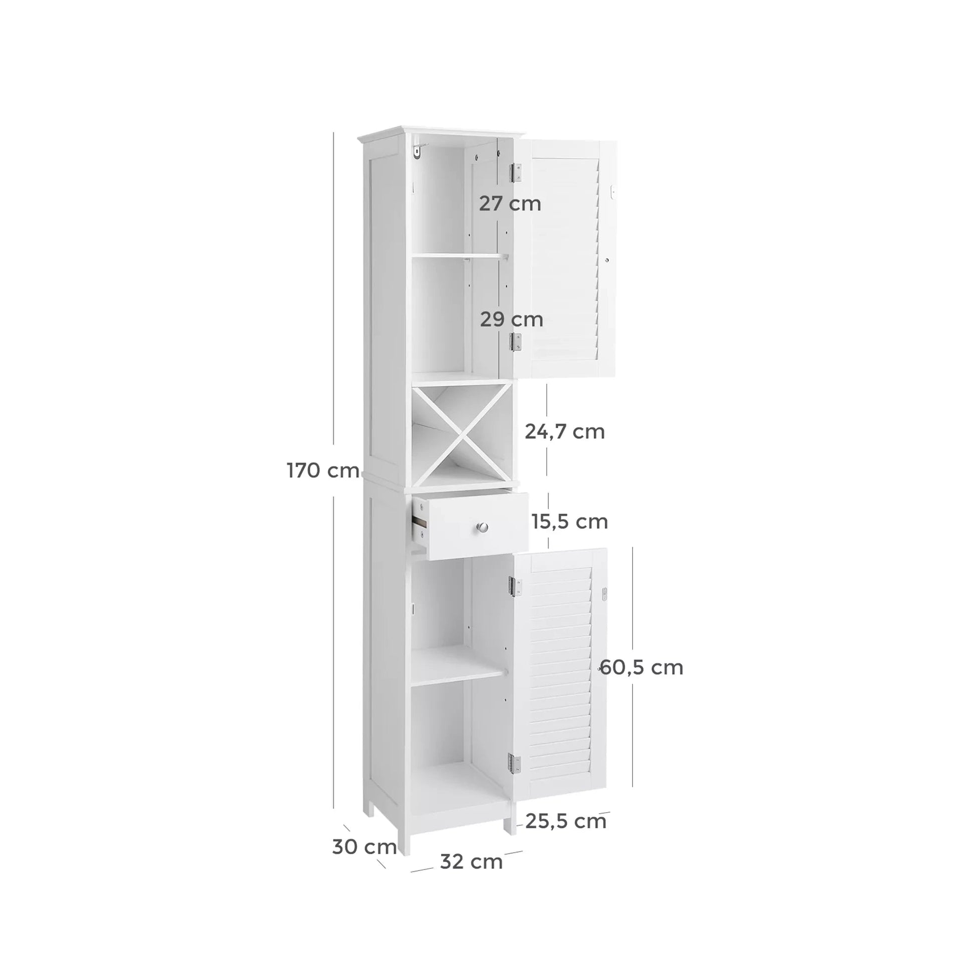 In And OutdoorMatch Badkamerkast Tyrell - Hoge Kast - met 2 Lattendeuren - Opbergkast - met Lade - Uitneembare X-vormige Plank - 32x30x170cm - Scandinavische Stijl - Wit Badkamerkast