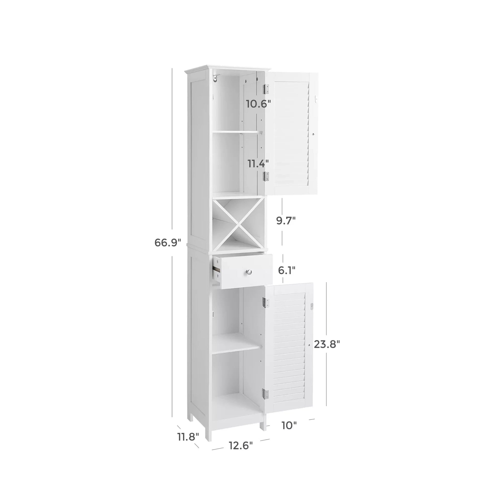 In And OutdoorMatch Badkamerkast Tyrell - Hoge Kast - met 2 Lattendeuren - Opbergkast - met Lade - Uitneembare X-vormige Plank - 32x30x170cm - Scandinavische Stijl - Wit Badkamerkast