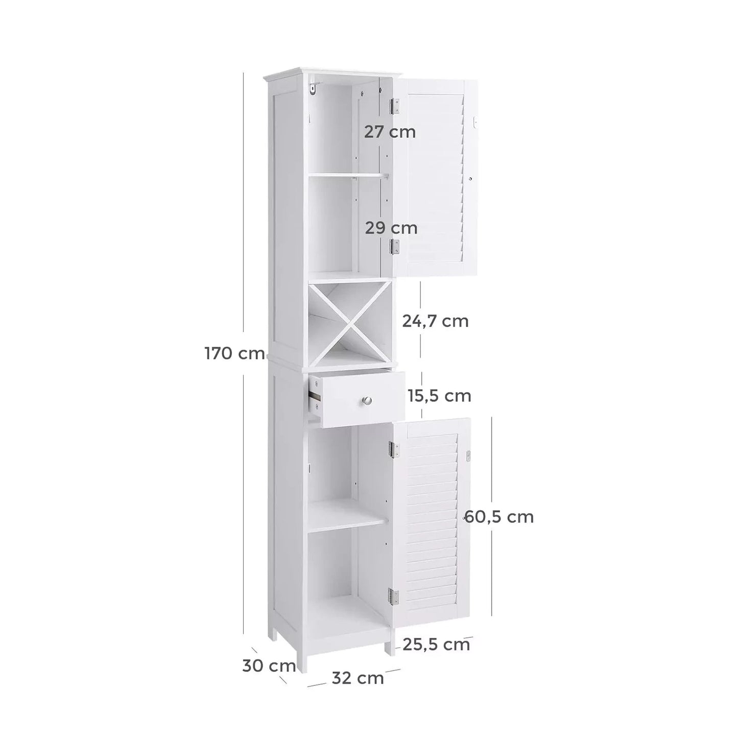 In And OutdoorMatch Badkamerkast Tyrell - Hoge Kast - met 2 Lattendeuren - Opbergkast - met Lade - Uitneembare X-vormige Plank - 32x30x170cm - Scandinavische Stijl - Wit Badkamerkast