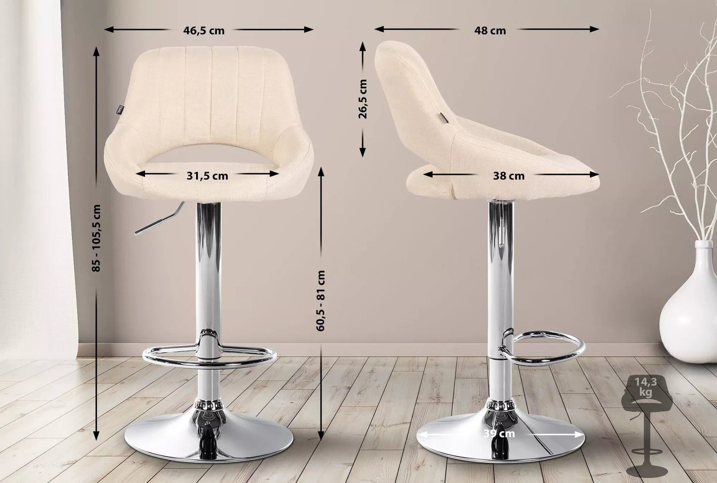 In And OutdoorMatch Barkruk Hipo Crème chroom Bethel - Stof - Zithoogte 60-81cm - Ergonomische barstoelen - In hoogte verstelbaar - Set van 1 - Met rugleuning - Voor keuken en bar Barkrukken / hocker