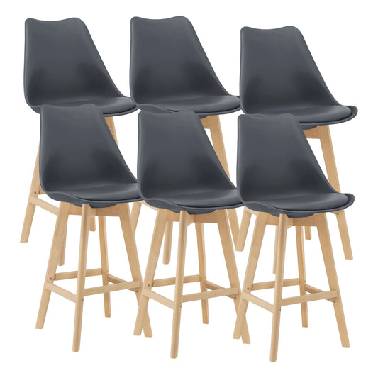 In And OutdoorMatch Barkruk Mitchell - Set van 6 - Imitatieleer en Beuken - 105x48x58 cm - Grijs - Modern design Barkrukken / hocker