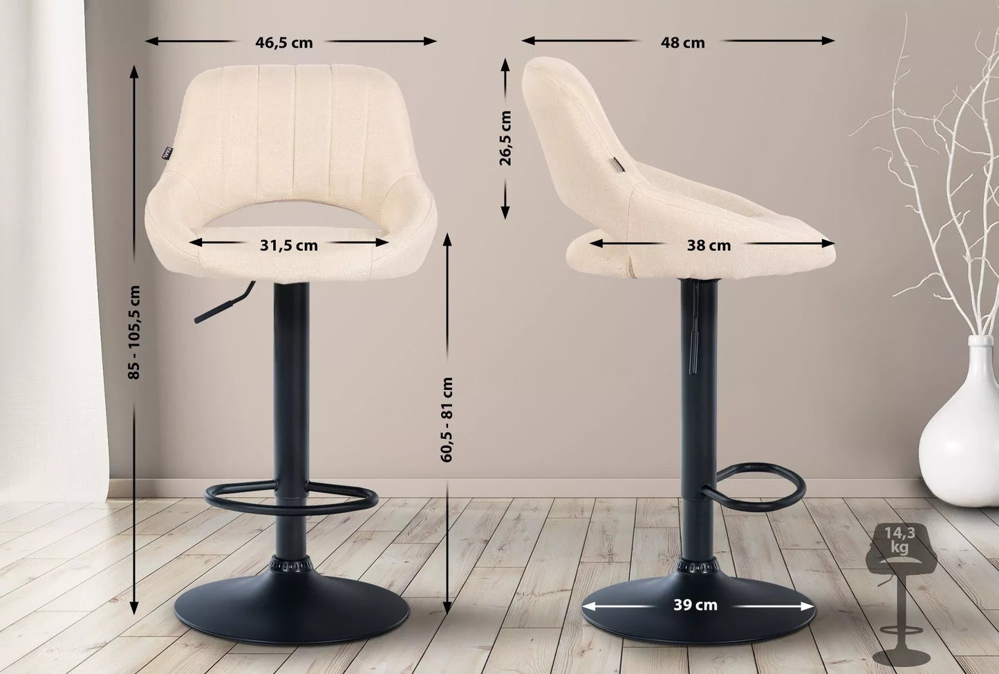 In And OutdoorMatch Barkruk Miza Crème zwart - Stof - 60-81cm zithoogte - Ergonomische barstoelen - In hoogte verstelbaar - Set van 1 - Met rugleuning - Voor keuken en bar Barkrukken / hocker