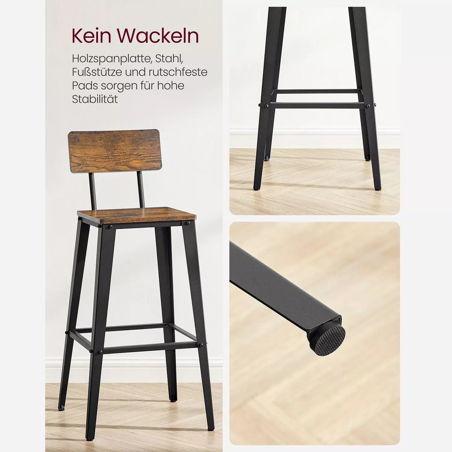 In And OutdoorMatch Barkruk Newton - Met rugleuning - Set van 2 - Ergonomisch - Barstoelen voor keuken of kantine - Vierkant - Zwart - Zithoogte 74cm Barkrukken / hocker