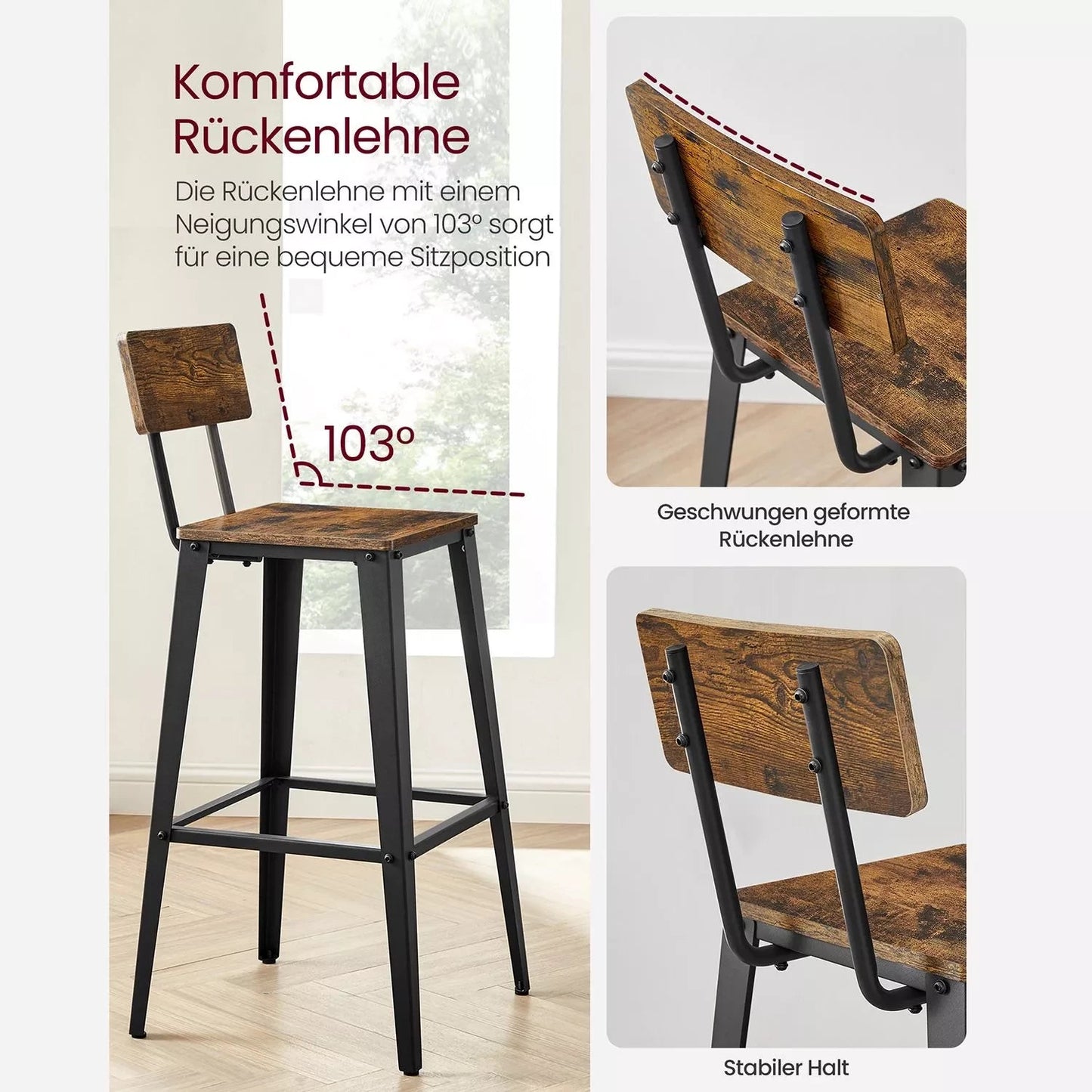 In And OutdoorMatch Barkruk Newton - Met rugleuning - Set van 2 - Ergonomisch - Barstoelen voor keuken of kantine - Vierkant - Zwart - Zithoogte 74cm Barkrukken / hocker