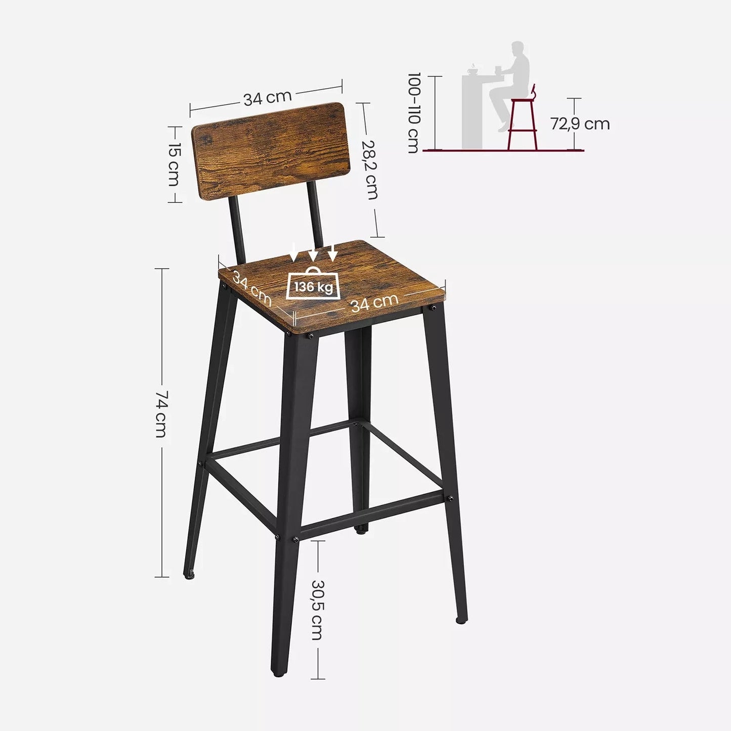 In And OutdoorMatch Barkruk Newton - Met rugleuning - Set van 2 - Ergonomisch - Barstoelen voor keuken of kantine - Vierkant - Zwart - Zithoogte 74cm Barkrukken / hocker