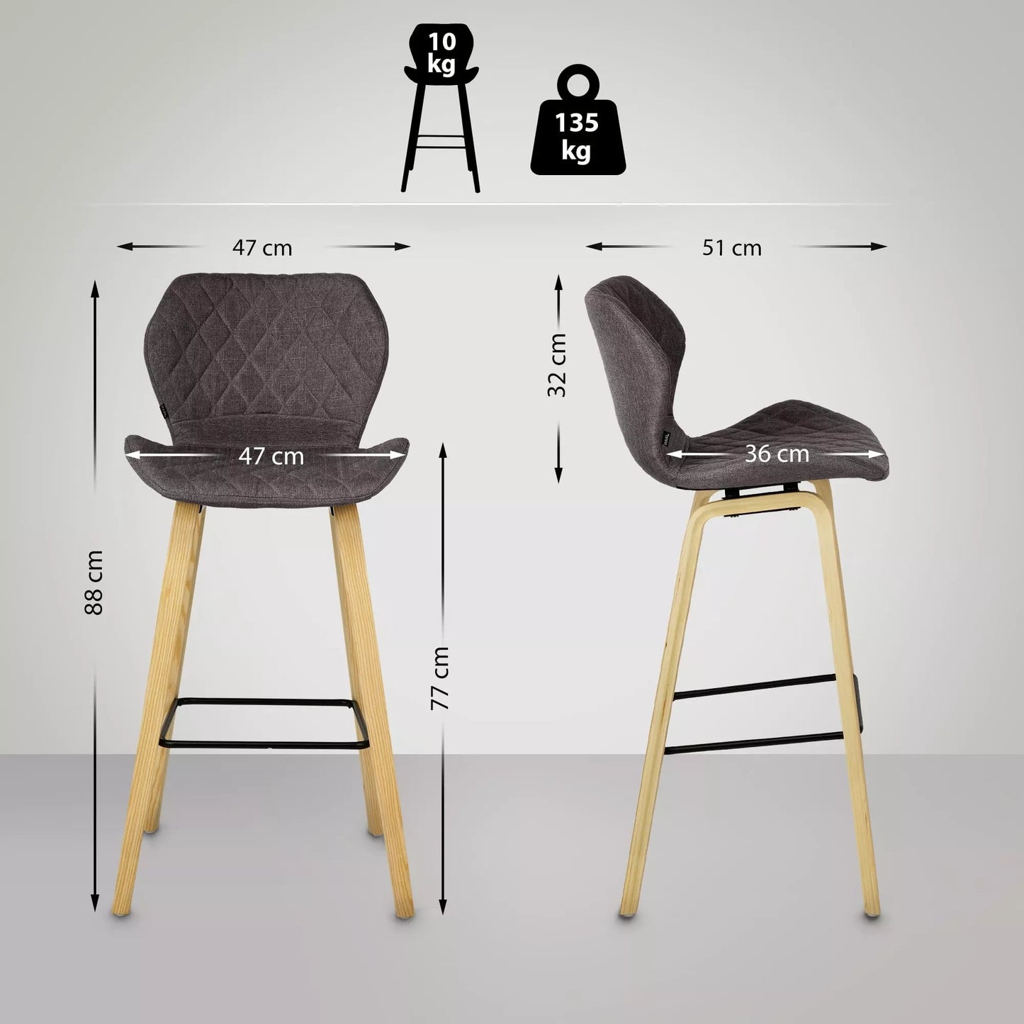 In And OutdoorMatch Barkruk Viva - Donkergrijs hout - 80cm zithoogte Set van 1 - Voor keuken en bar - Met rugleuning - Ergonomische barstoelen Barkrukken / hocker