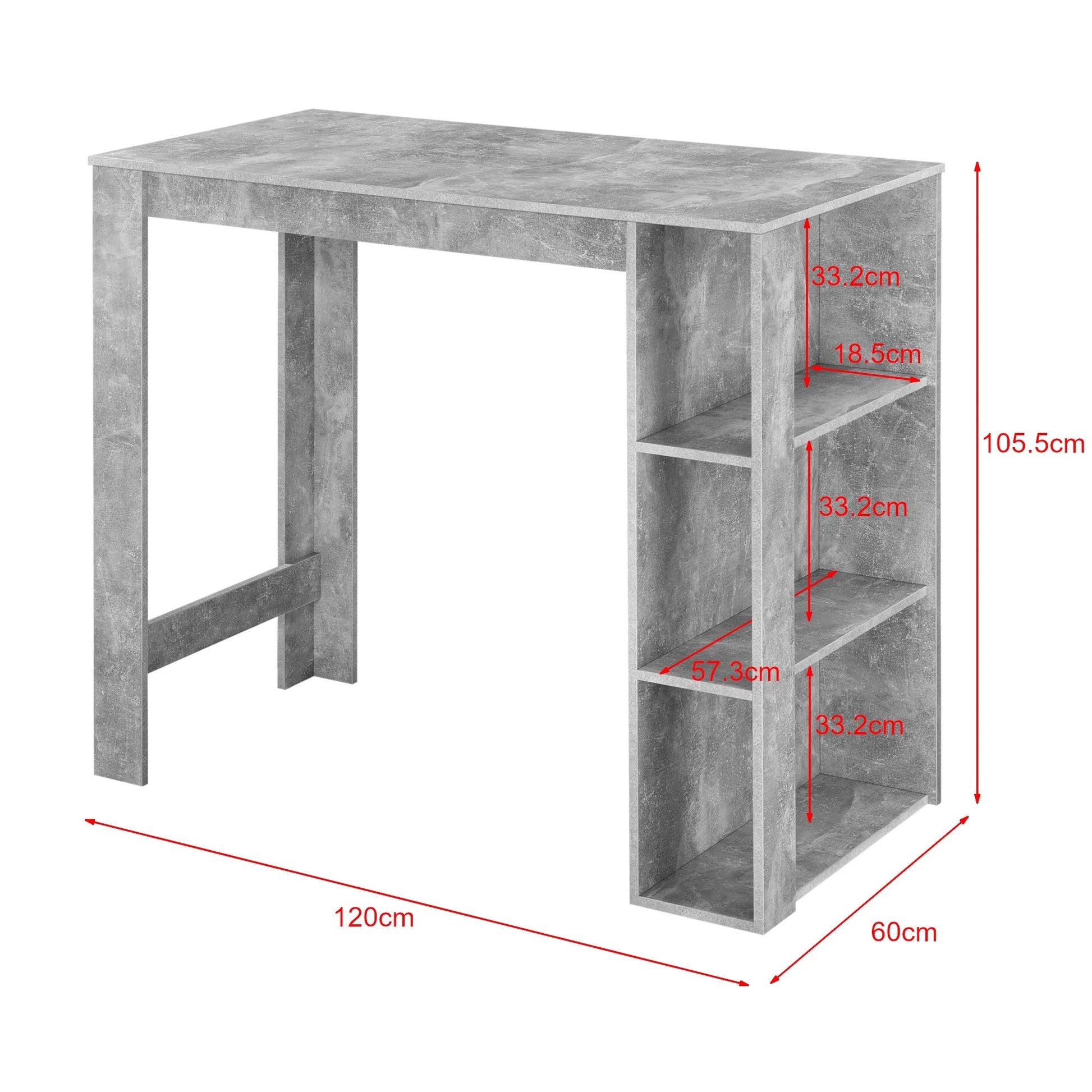 In And OutdoorMatch Bartafel Chandler - Met 3 Planken - 120x60x105,5 cm - Betonlook - Spaanplaat - Modern Design Bar table