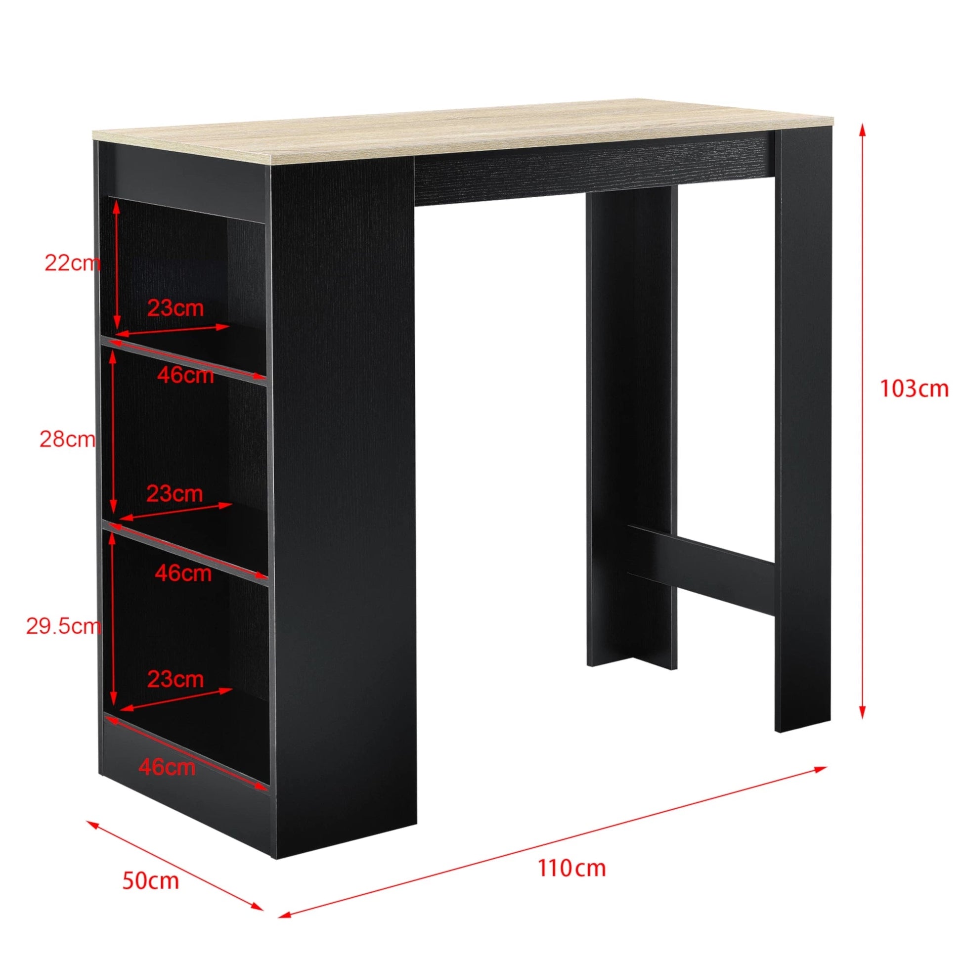 In And OutdoorMatch Bartafel Eddie - Met 3 Planken - 110x50x103 cm - Zwart en Eikenkleurig - Spaanplaat - Modern Design Bar table