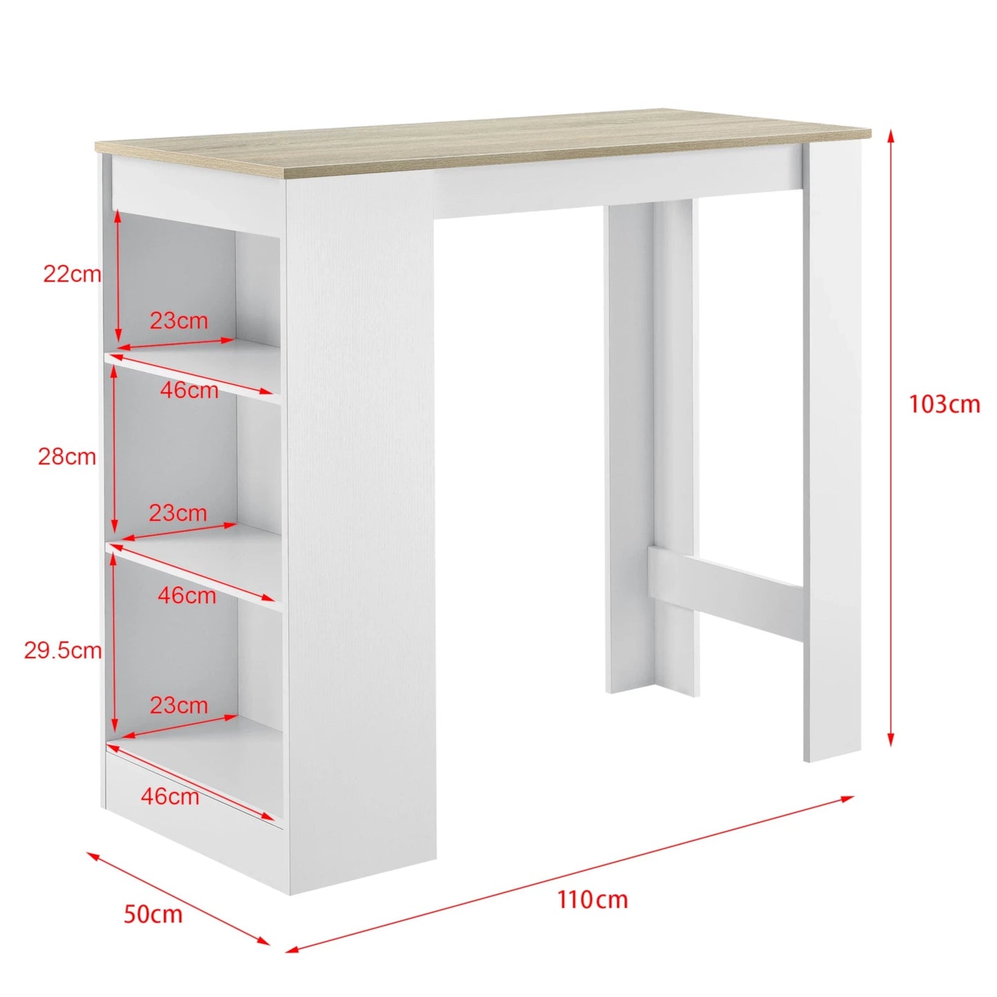 In And OutdoorMatch Bartafel Randi - Met 3 Planken - 110x50x103 cm - Wit en Eikenkleurig - Spaanplaat - Modern Design Bar table