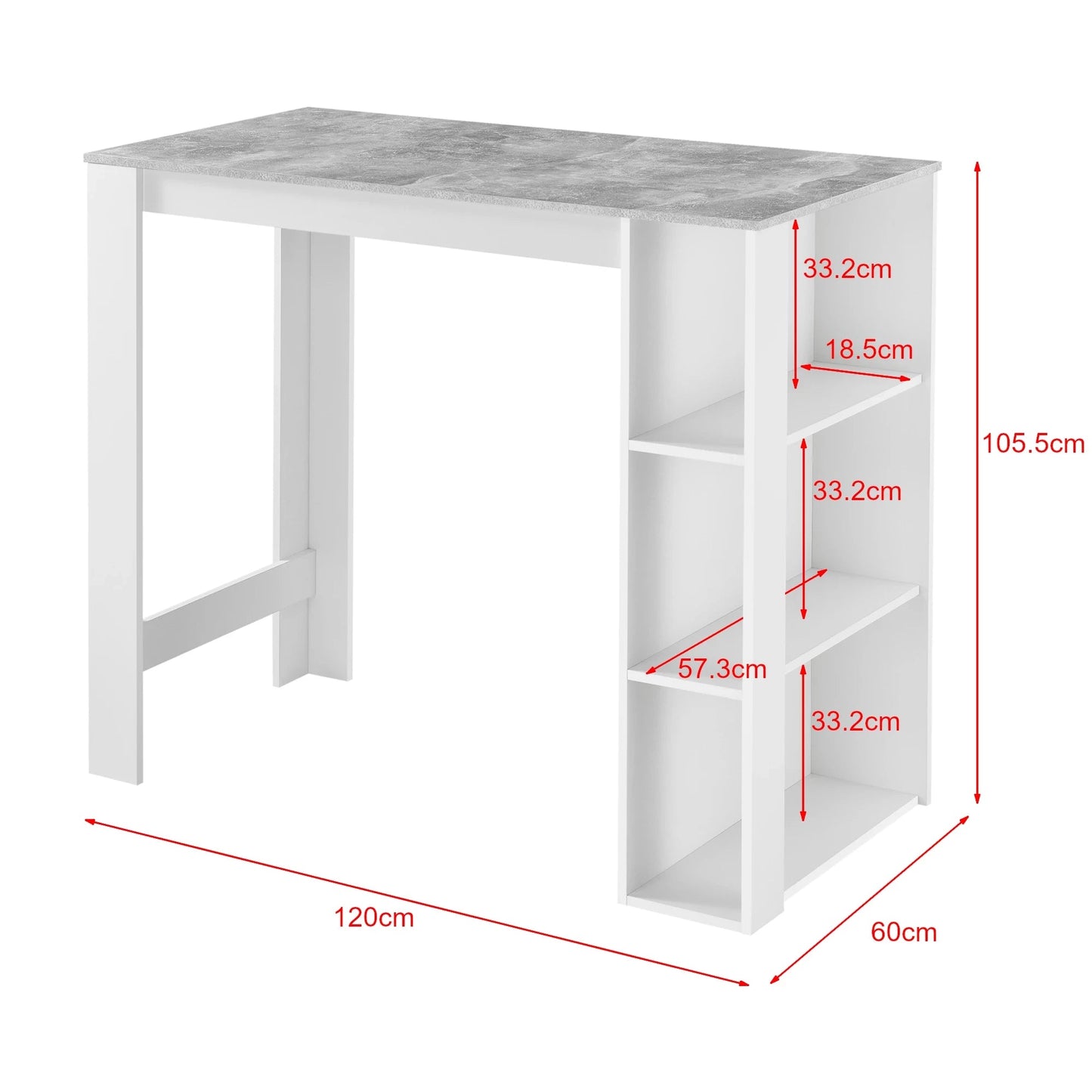 In And OutdoorMatch Bartafel Rebekah - Met 3 Planken - 120x60x105.5cm - Wit en Betonkleurig - Spaanplaat - Modern Design Bar table