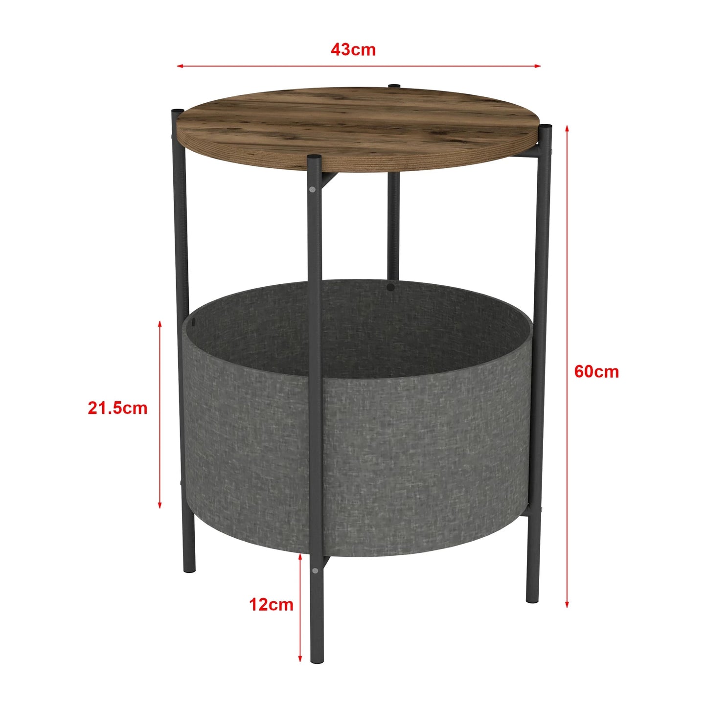 In And OutdoorMatch Bijzettafel Faye - 60xØ43 cm - Eiken Antiek Antraciet en Grijs - Spaanplaat Metaal Stof - Modern Design Bijzetttafel