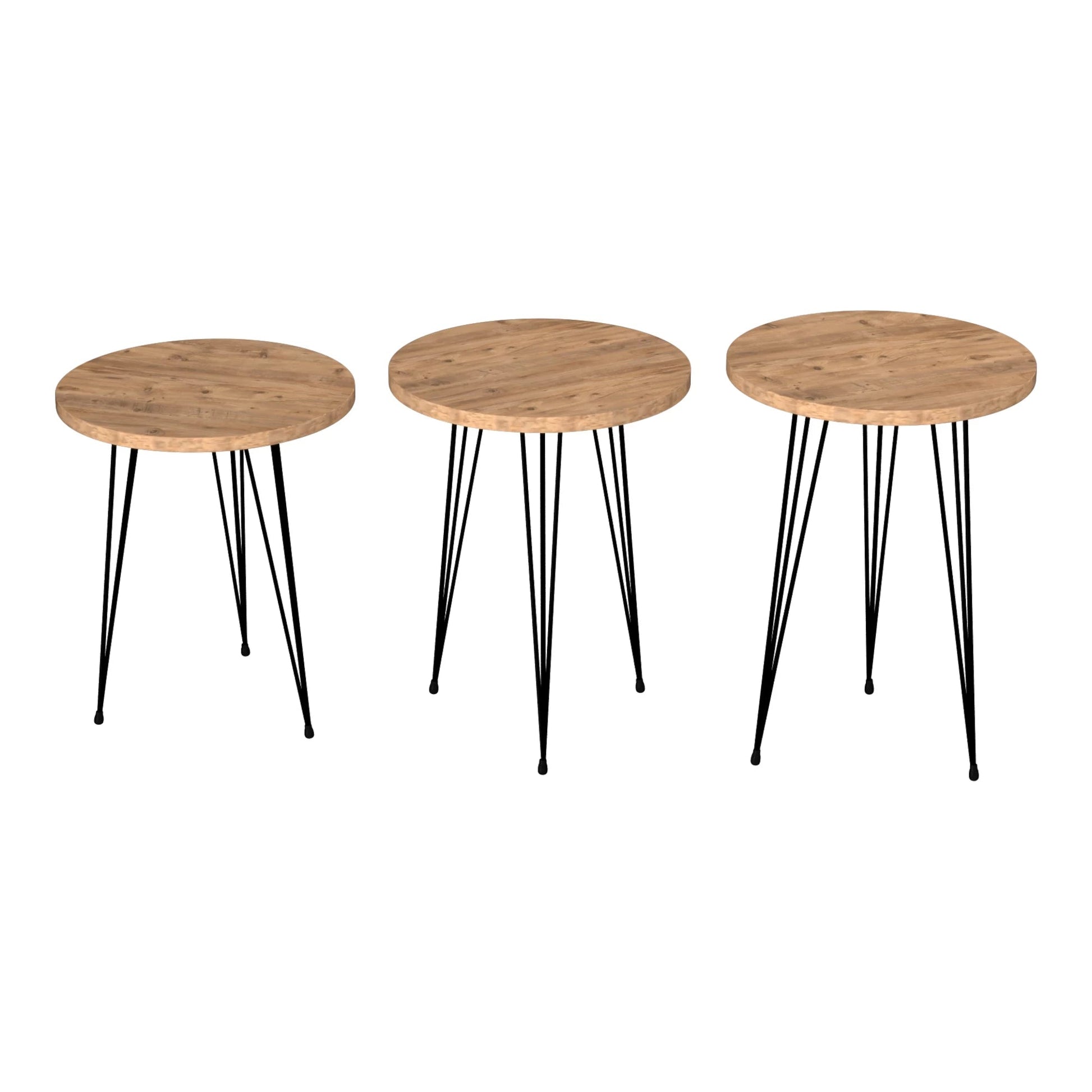 In And OutdoorMatch Bijzettafel Osman - Set van 3 - Rond - Zwart en Houtkleurig - Spaanplaat en Metaal - Stijlvol design Bijzetttafel