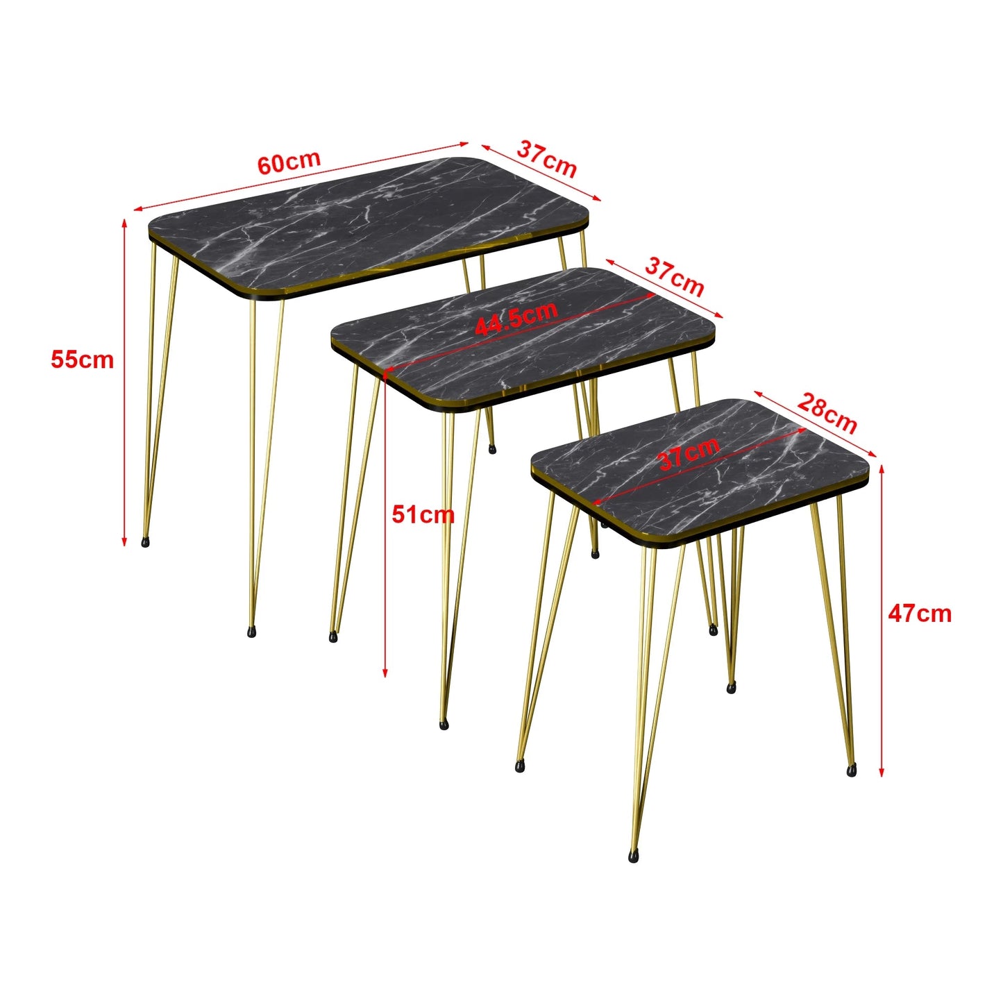 In And OutdoorMatch Bijzettafel Phoenix - Set van 3 - Rond - Marmer Zwart en Goud - Spaanplaat en Metaal - Stijlvol design Bijzetttafel