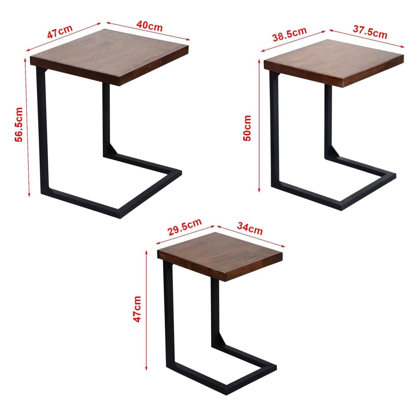 In And OutdoorMatch Bijzettafel Tito - Set van 3 - Zwart en Houtkleurig - Grenen en Metaal - Modern Design Bijzetttafel