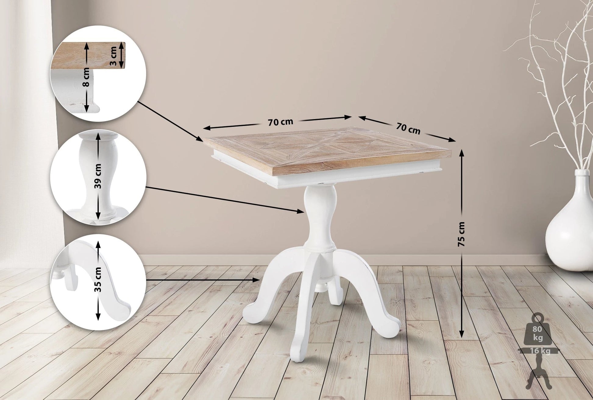 In And OutdoorMatch Bistrotafel Philipa - 70x75x70cm - Bijzettafel - Hout en Wit - Elegante Bijzettafel - Stijlvol Design Bijzetttafel