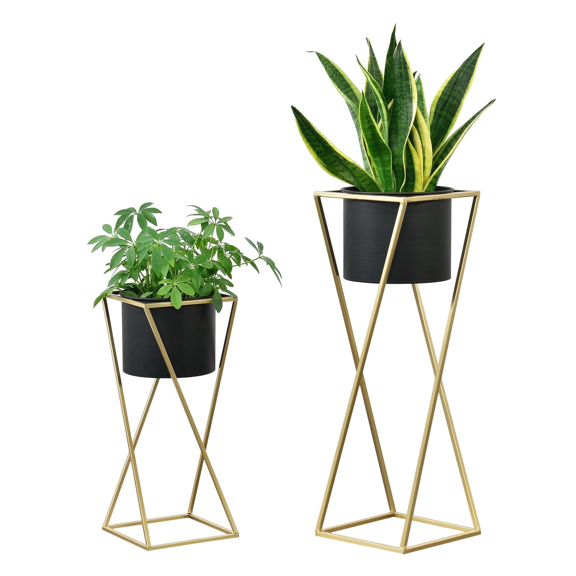 In And OutdoorMatch Bloempot Alana - Op Standaard - Metaal - Set van 2 - Zwart en Goudkleurig - Stijlvol Design Flowerpot