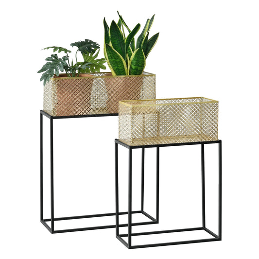 In And OutdoorMatch Bloempot Jackson - Op Standaard - Set van 2 - Zwart en Messingkleurig - Metaal - Decoratief Design Flowerpot